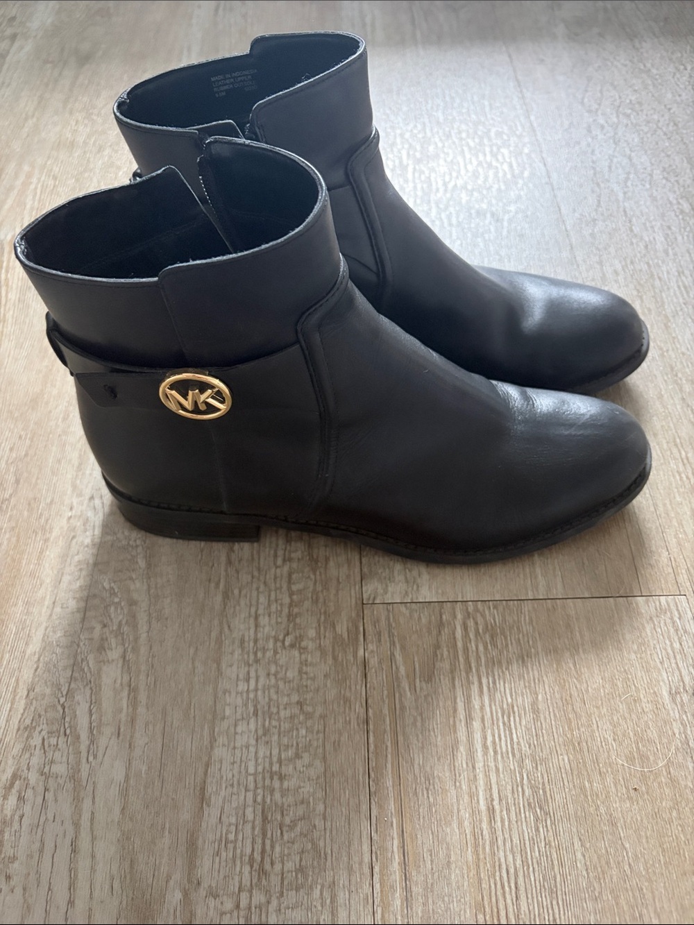 Michael Kors Black Leather Ankle Boots with Gold MK Emblem